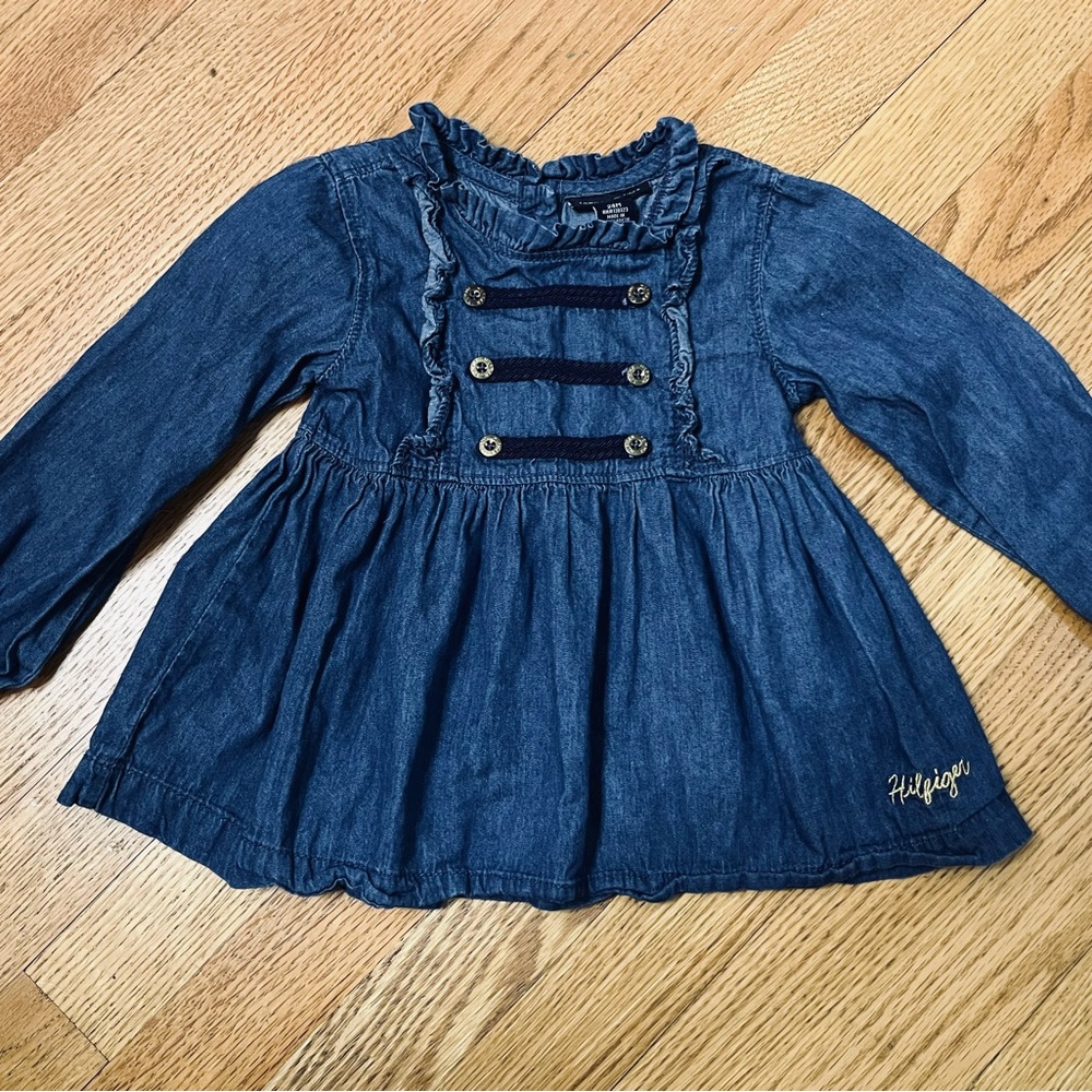 Tommy Hilfiger Ruffled Denim Dress Tunic Chambray Cotton Military American Fun